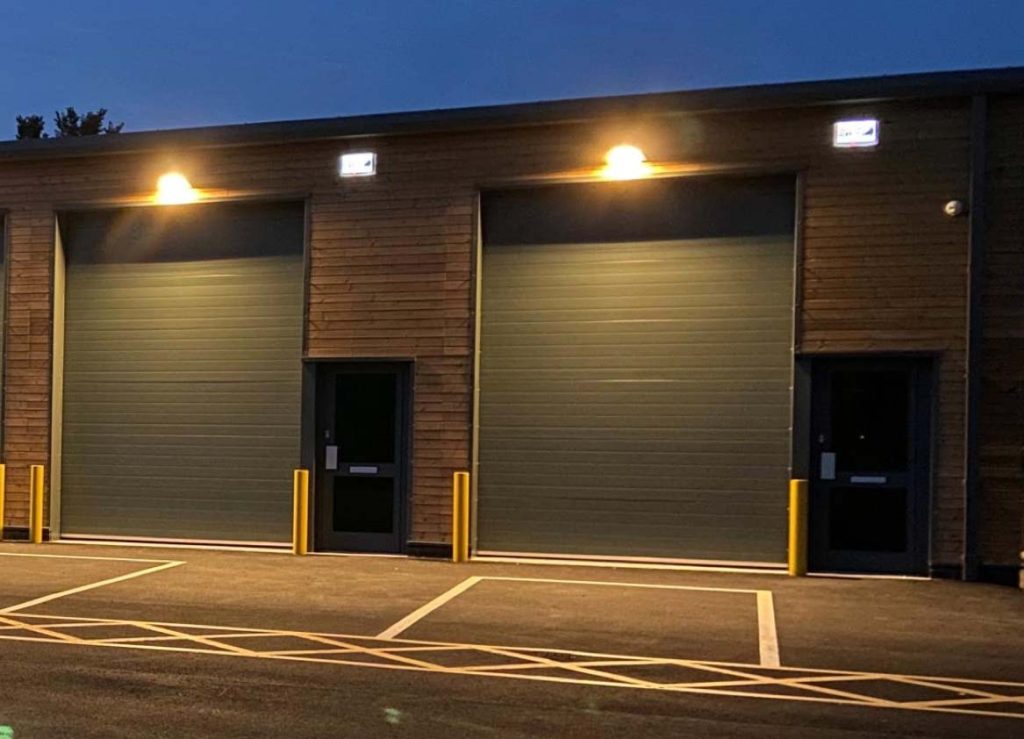 exterior of commercial roller door at night